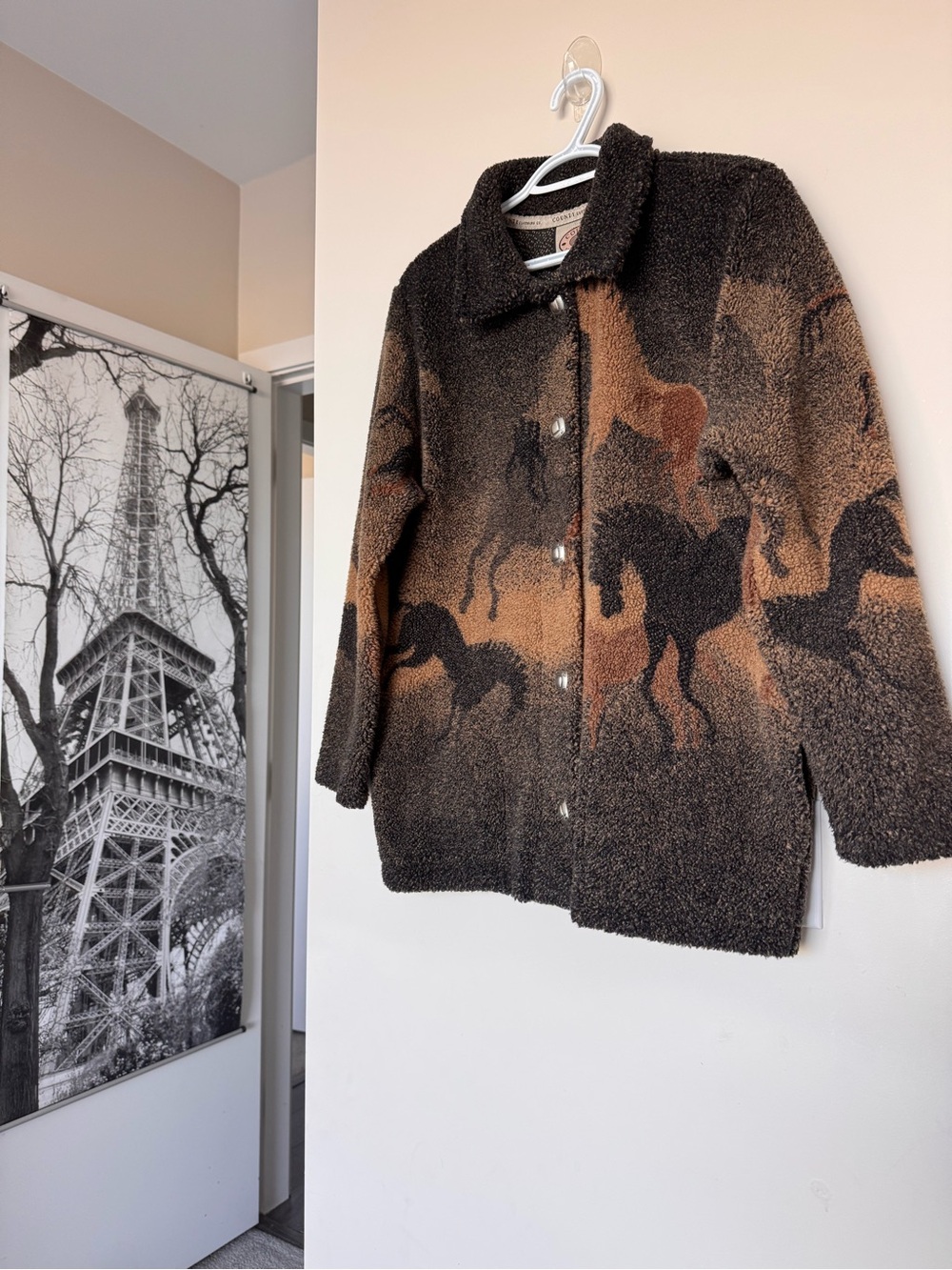 Horse-Print Teddy Sherpa Coat Jacket in Brown & Black